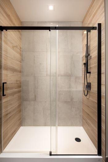 A modern bathroom with a walk-in shower.